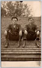 Postcard RPPC c1910s 2 Men Sitting on a Shingled Roof Bowler Hat picture