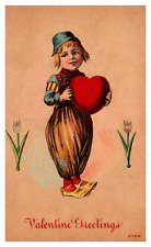 postcard Valentine Greetings school girl holds a heart between tulips 5336 picture
