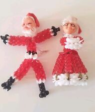 VTG Santa Mrs Claus Ornament Safety Pin Beaded Plastic Handmade Christmas Kitsch picture