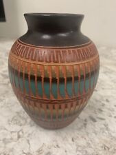 Navajo Pottery Hand Etched Artist Signed Geometric Colorful Native American * picture