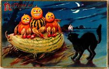Tucks Pumpkin JOL Veggie Men, Scary Black Cat  & Moon Vintage Halloween Postcard picture