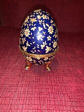 Vintage Cobalt Blue/ Floral Egg Trinket Box Hinged Footed Russia Gold Gilt  picture