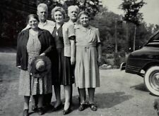 Three Women Standing With Two Men By Car B&W Photograph 3 x 4.75 picture