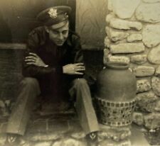 Soldier Sitting On Step By Clay Pot & Rock Wall B&W Photograph 3.75 x 4.75 picture