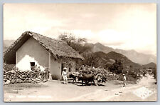A381 Vintage Postcard RPPC Old Mexico Farmer Oxen Cart Hills Mountains Rocks Sod picture