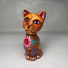Talavera Pottery Sitting Cat Figurine Hand Painted Mexican Flowers & Bird Design picture