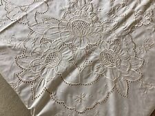 VINTAGE TABLECLOTH EMBROIDERED ECRU CUT WORK MADEIRA COTTON 84” x 66” picture