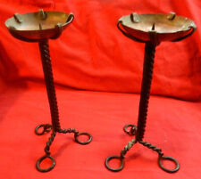 Exceptional Pair Vintage Tabletop Pricket Candle Holders Twisted Iron & Copper picture