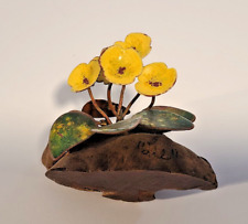 Frank Lee Copper Enamel Flowers Burl Wood Sculpture 1960s Signed picture