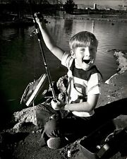 LD302 Original Photo YOUNG FISHERMAN CAUGHT A SHOE Little Boy Fishing in River picture