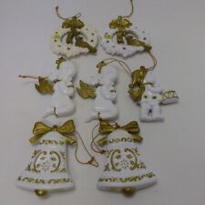 7 Vtg White Gold Victorian Christmas Ornaments Angels Drummer Boy Wreaths Bells picture