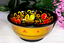 Vintage Hand Painted Lacquer Russian Folk Art Wood Bowl 4 ¼” wide Gold Red Black picture