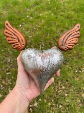 Large Silver CLAY HEART with WINGS, Mexican Heart, Mexican Sacred Heart picture