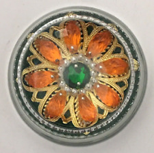 Vintage 1970s Round Domed Glass Paperweight Jeweled Orange Flower for Desk picture