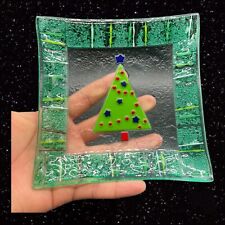 Square Fused Art Glass Christmas Tree Appetizer Plate Green 5.75”W 1”T picture