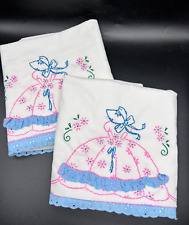 Vintage Pair of Hand Embroidered Cotton Standard Pillowcases w/Southern Bell picture