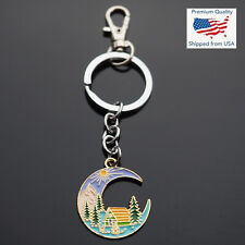 Mountain Cabin Camping Camp Fire Deer Forest Pine Trees Keychain Key Chain Clip picture