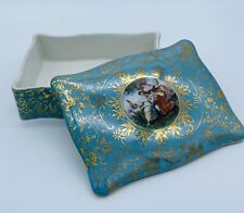 Vintage M & R Hand Painted Victorian Trinket Box Teal and Gold picture