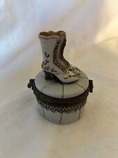 Vintage Hinged TRINKET BOX Victorian Boots Upon Ottoman picture
