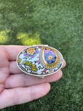 Lovely Small Vintage Porcelain floral 2” oval Pill Box Gold toned Estate picture