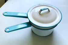 Vintage Mid Century MCM White Enamelware Double Boiler Pans One Lid White Aqua picture