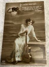 1913 Photo Postcard Victorian Woman Poses With Guitar Valentines Greetings picture