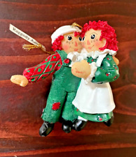 Vintage Raggedy Ann and Andy Dancing Christmas Ornament Green Red Resin 1998 picture
