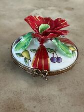 Limoges Hand Painted Huge Red Flower & Fruit Hinged Trinket Box France CHARMART picture