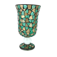 Home Interior Candle Holder Hurricane Vase Aqua Blue Green Gold Mosaic Design picture