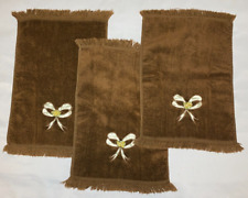 Three Vintage MARTEX Brown FINGERTIP TOWELS Ivory BOW Bouquet Applique Fringe picture