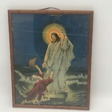 Antique Vintage Jesus Lithograph Wood Picture Frame 12x15 in  1927 Hand Note picture