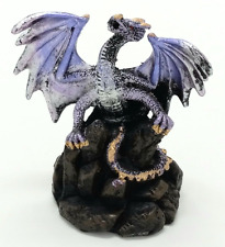 Roaring Medieval Purple Mini Dragon Figurine Sitting on Crystal Rock picture