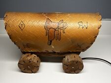 VINTAGE 1940-50S CHOLLA WOOD COVERED WAGON LAMP WHIT SHADE HAND PAINTED WORKING picture