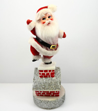 Flocked Santa on Plastic Brick Chimney Silver Glitter Vintage Christmas picture