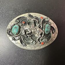 VTG SILVER HANDMADE BELT BUCKLE W/COWBOY & HORSE, TURQUOISE & RED CORAL picture