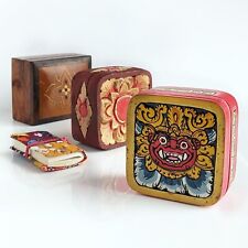 Lot of 3 VTG Balinese Trinket Boxes Solid Wood Handpainted plus Mini Notebook picture