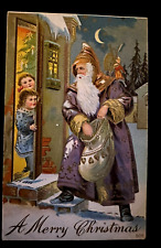 Long Purple Robe Santa Claus with  Children~Toy Sack~ Christmas Postcard~h960 picture