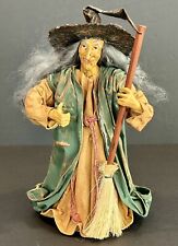 Vintage Halloween Paper Mache Witch w/Broom and Large Hat 10” Decoration picture