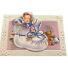 Vintage Baby Shower Congratulations Greeting Card Used Embossed Baby Shoe 1950s picture