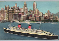 Postcard Queen Elizabeth Cunard Ship in New York City Harbor Skyline Linen Card picture