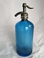 Zarrow Bottling Works Etched Blue Selzer Czech Glass PATERSON NJ EAGLE & FLAG picture