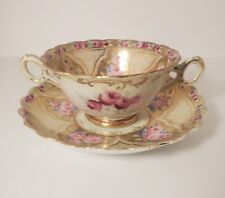 Antique Double Handle Gilded Moriage Cabbage Rose Scalloped Teacup & Saucer picture