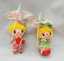 2 Vintage Dolls Girl Boy Umbrella Ornament Big Eyes Mod Kitschy Nostalgia Japan picture