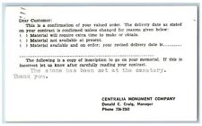 Centralia Washington WA Postcard Centralia Monument Company Confirmation Ad 1975 picture