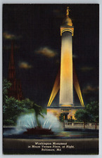 Vintage Postcard MD Baltimore Washington Monument At Night Linen -13031 picture