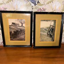 Vintage MID CENTURY Signed Print Brown Frame Wagon, Lantern, And Barn Picture picture