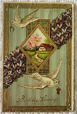 Vintage Birthday Greetings postcard Country Scene Doves heavy gold gilt inlay picture