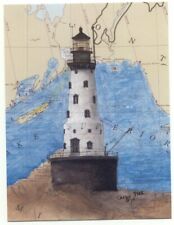 Rock Of Ages Lighthouse MI Nautical Chart Art Cathy Peek Postcard Michigan picture