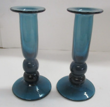Pair of Vintage Handblown Blue Glass Candlesticks Candle Holders picture