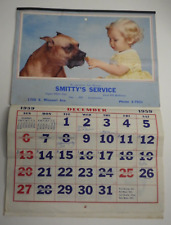 Vintage Antique 1959 Smitty's Fuel Oil Wall Calendar Girl Child ?Boxer? Dog 50s picture